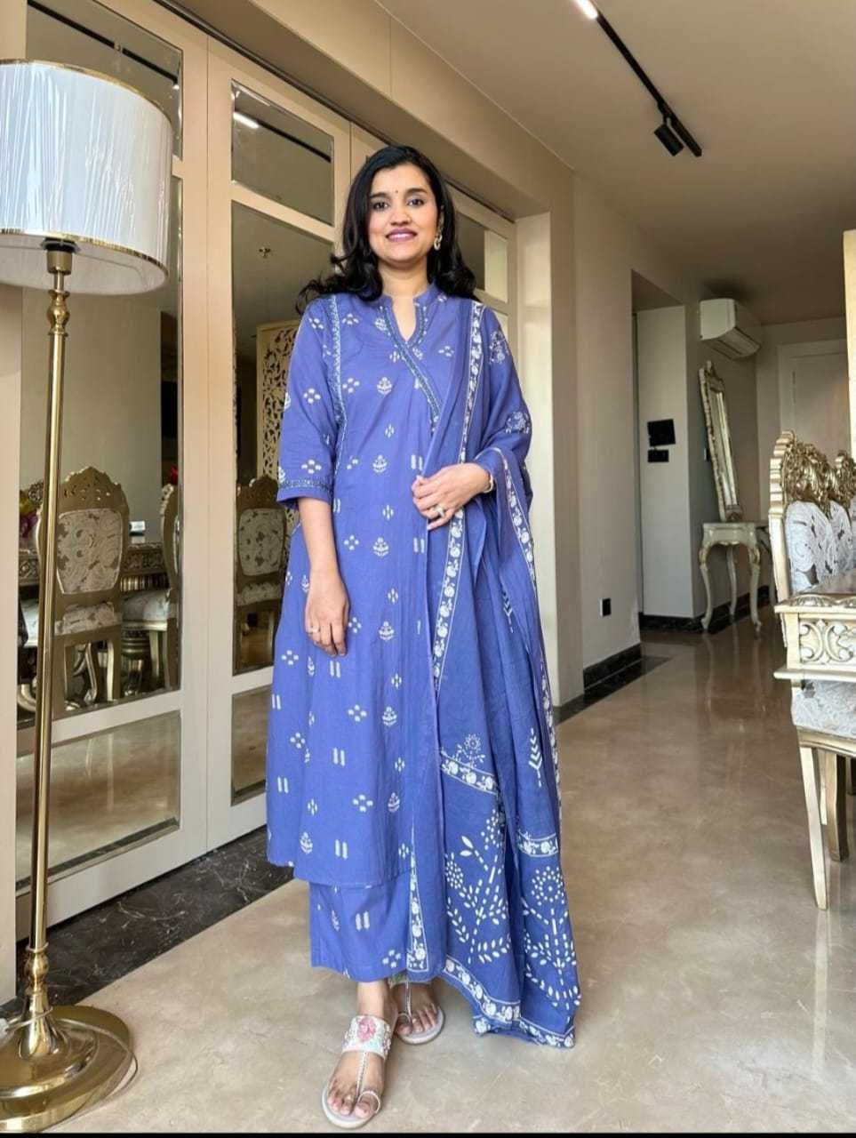 Women's Cotton Embroidered Anarkali Kurti with Pant and Dupatta Set - Image 3