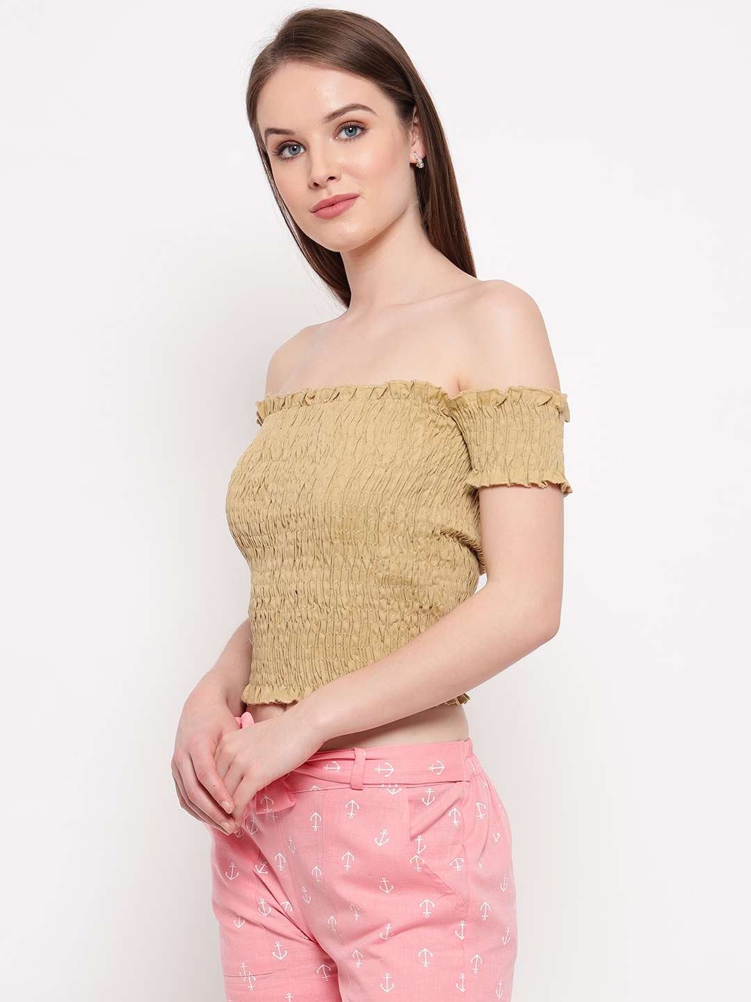 Women's Rayon Solid Off-Shoulder Smocked Crop Top Short Sleeve Casual Styles Tank Top (FREE SIZE) Multi19