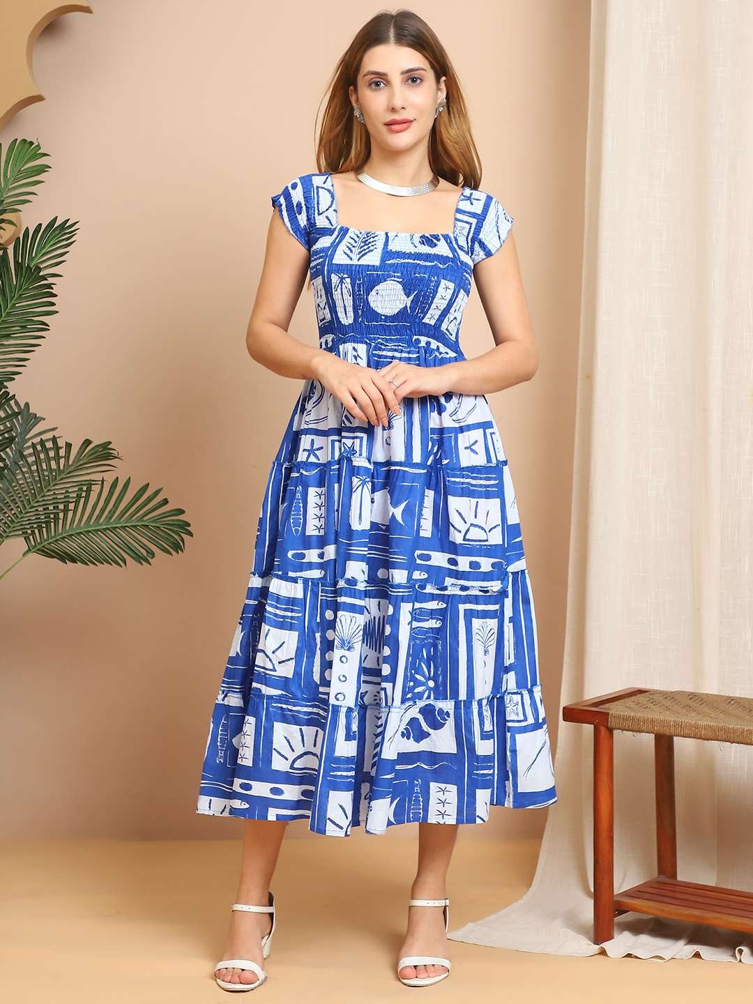 Women's Viscos Rayon Printed Off Shoulder Midi Dress For Summer And Casual Wear (Blue White) - Image 7
