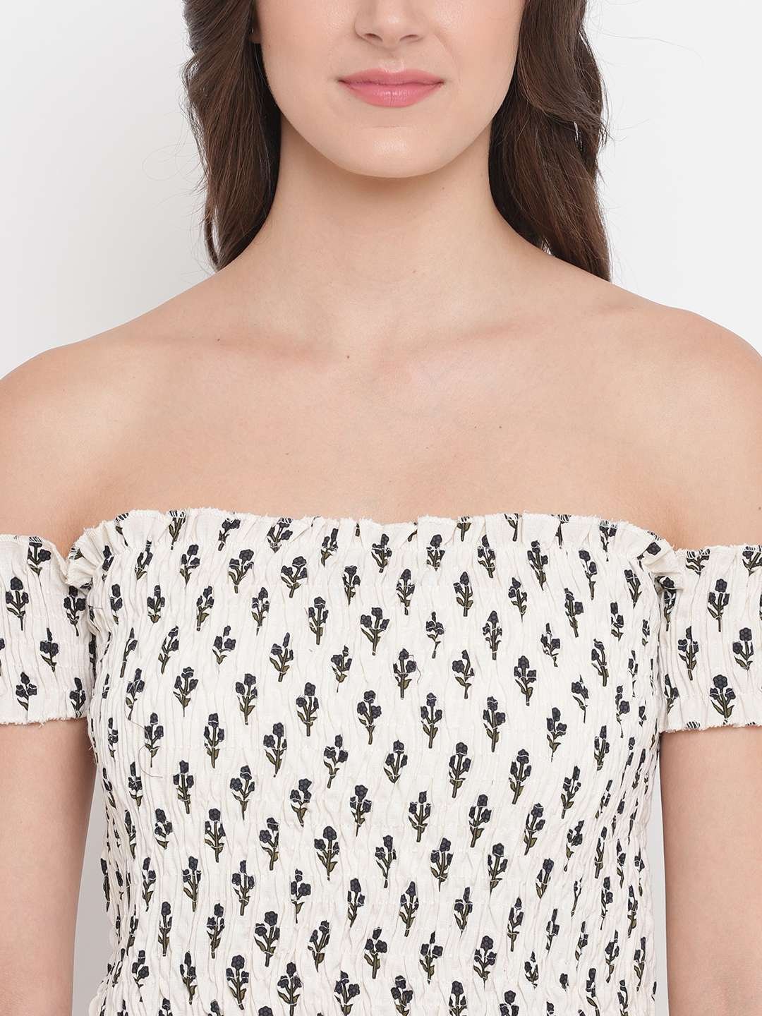 Women's Rayon Printed Off-Shoulder Smocked Crop Top Short Sleeve Casual Styles Tank Top (FREE SIZE) Multi36 - Image 3