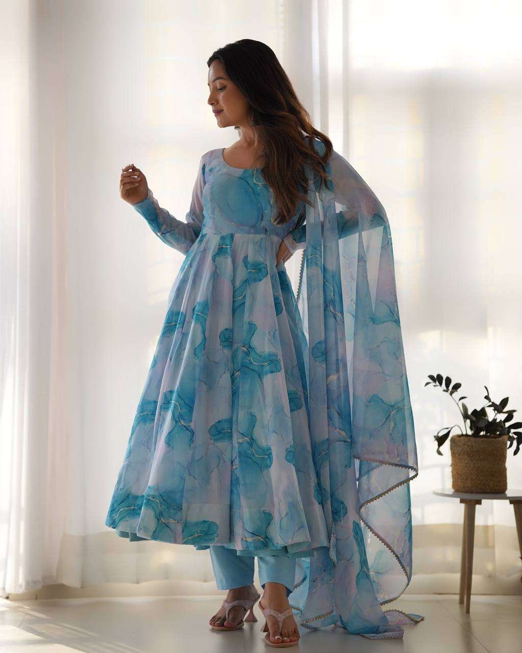 Womens Crunchy Silk Anarkali Kurti with Pant & Dupatta Set - Image 3